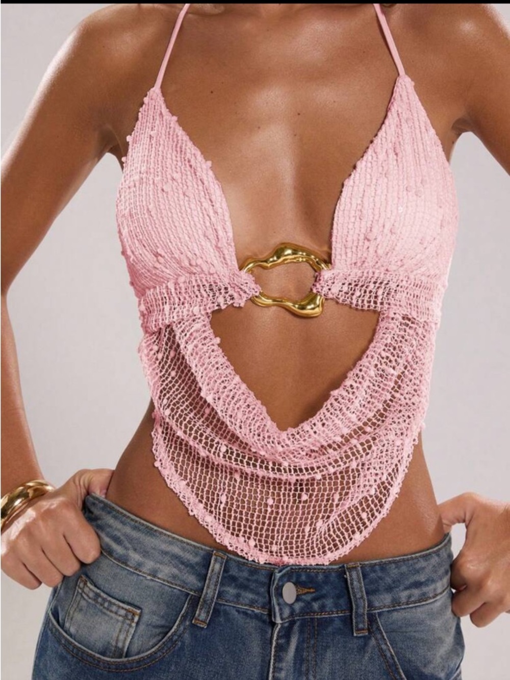 Pink Crochet Halter Chain-Detail Top